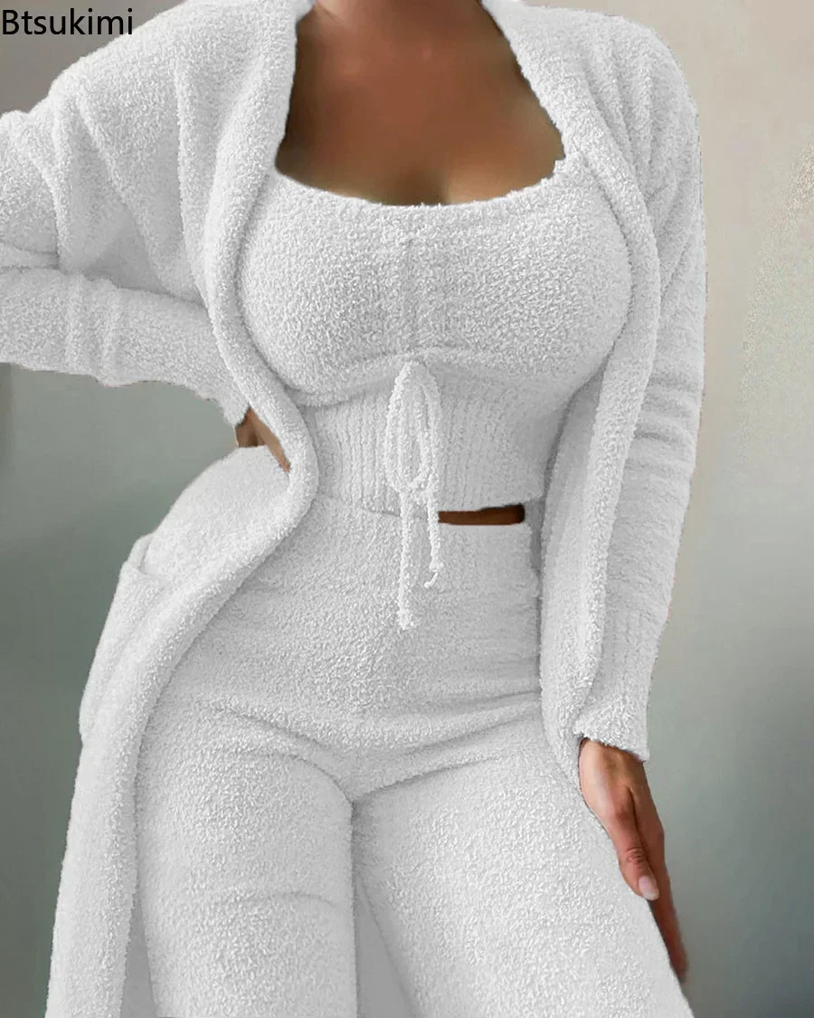 New Women Tracksuit Sets Plush Velvet Tank Tops Pants Cardigan Coat Three Piece Pajama Sleepwear Lounge Wear Soft Pijamad 3XL