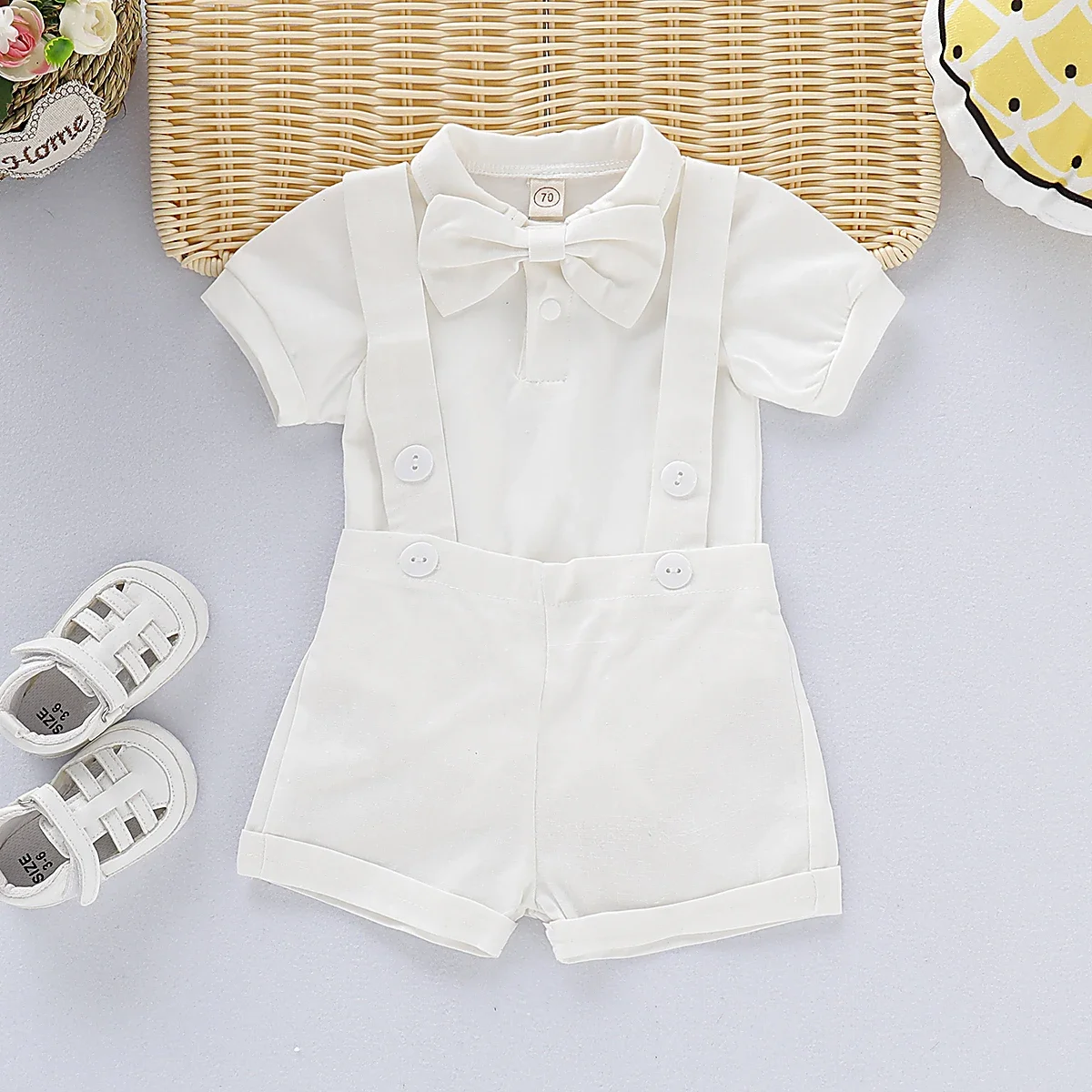 0-2 Years Baby Boy Mini Gentlemen Outfits Wedding Party Set Peter Pan Collar Cotton Romper+Suspender Shorts Summer 2PCS Suit