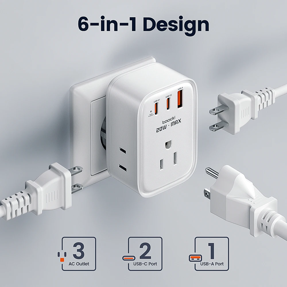 Toocki GaN 충전기 멀티탭, 3 개의 AC 콘센트, 6-in-1 벽 소켓, 고속 충전 USB 충전기, 아이폰 16, 15, 삼성 S23 용, 20W