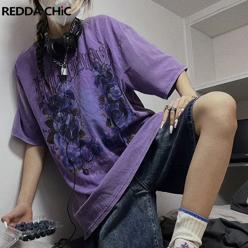 

ReddaChic Oversized Graphic Print Tee Top Women Summer Short Sleeves O-neck Overdye Purple Casual T-shirt Retro Y2k Streetwear