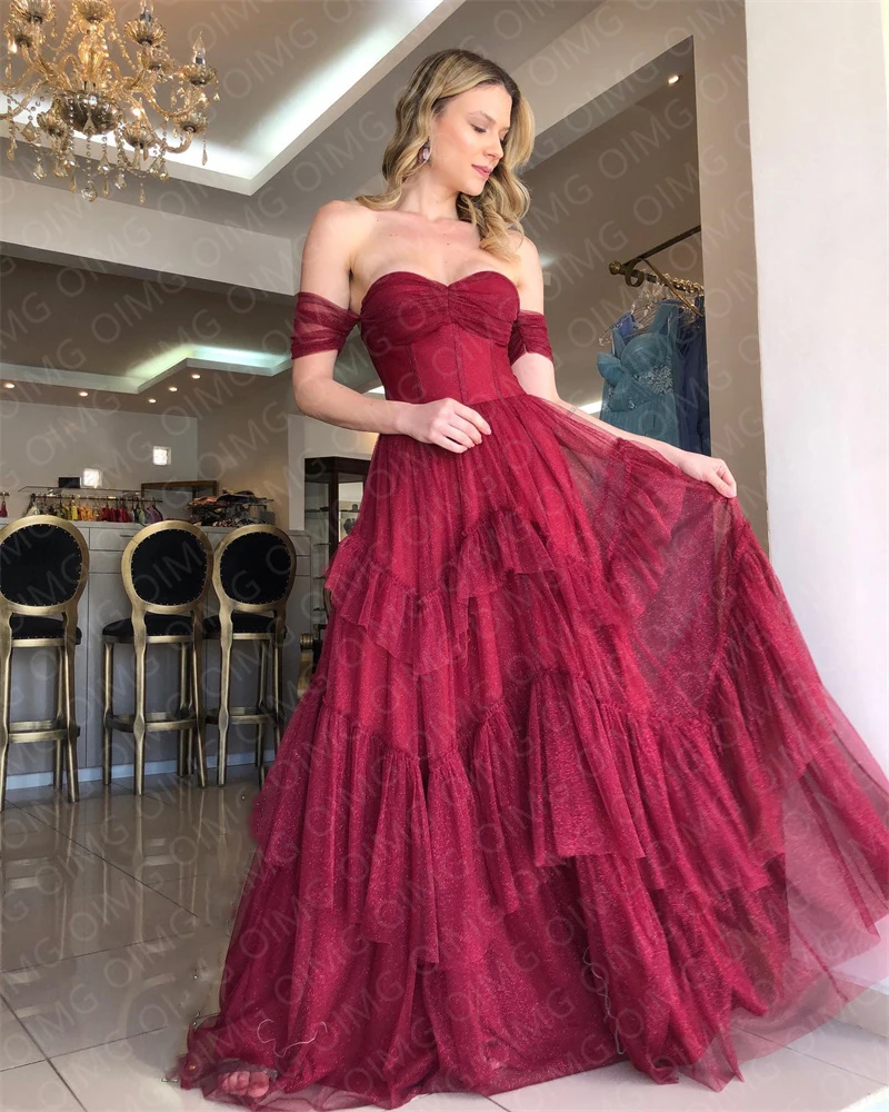 OIMG Modern Dark Red Silk Chiffon Long Prom Dresses Off Shoulder Sweetheart Beach African Women Formal Party Evening Dress