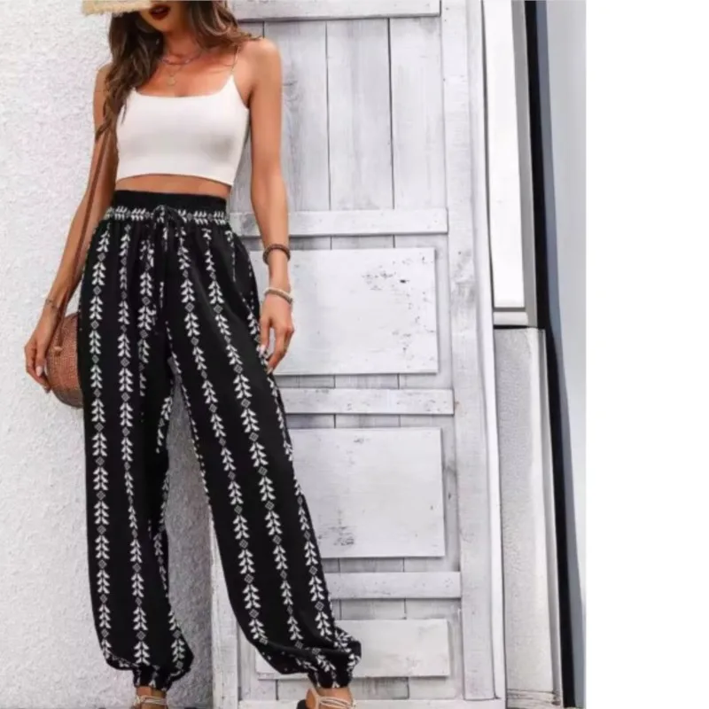 

Women's Trousers New Summer Versatile Grid Wide Leg Lantern Pants Casual Loose Pants Lace Up Elastic Waist All-match Long Pants