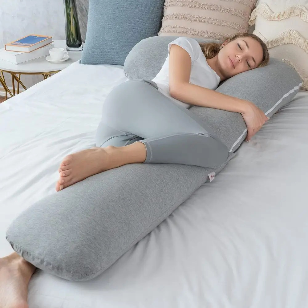 Body with Jersey Cover, L Shaped Full Body Pillow, Pregnant Women and Side Sleeper, Gray