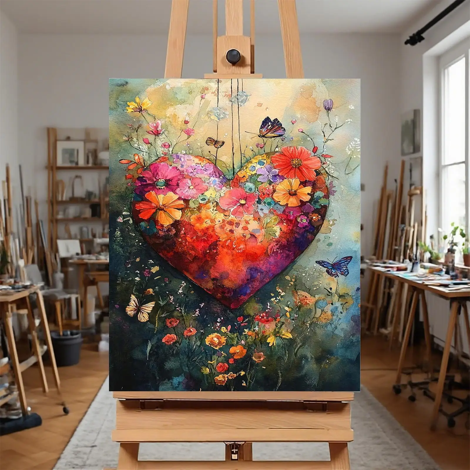 Professional Art Use 1pc Frameless Digital Painting Kit Heart Shaped Floral Butterfly Dance Art Product Includes Canvas Acryl