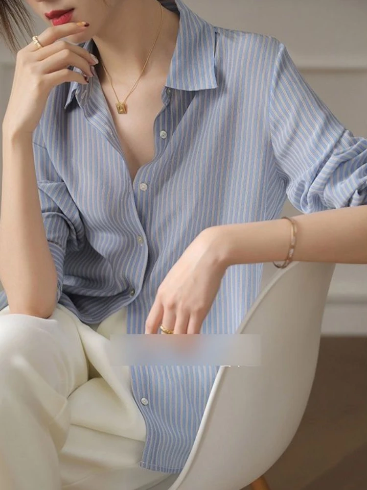 Blue Striped Shirts & Blouses for Women Full Long Sleeve Woman Top Chiffon Spring Autumn Button Up Loose Aesthetic High Quality