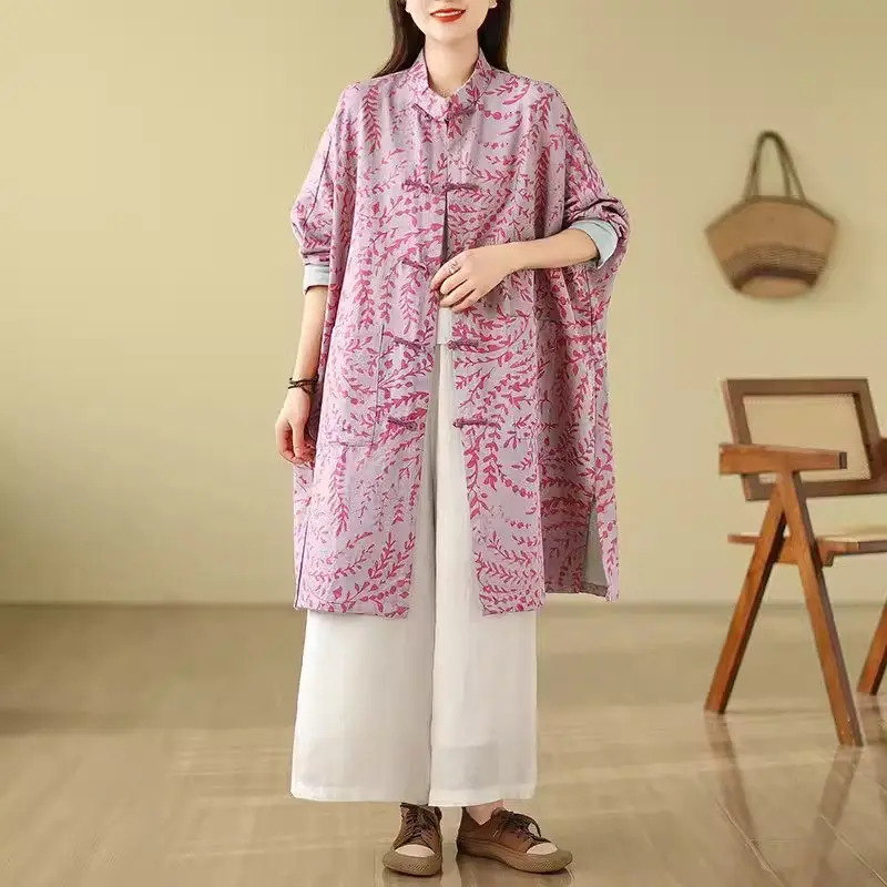 Women's Spring Loose Cotton Linen Coat - Art Retro Printed Shirt Jacket with Bat Sleeves & Pan Buttons, Mid-Length Oversized Top