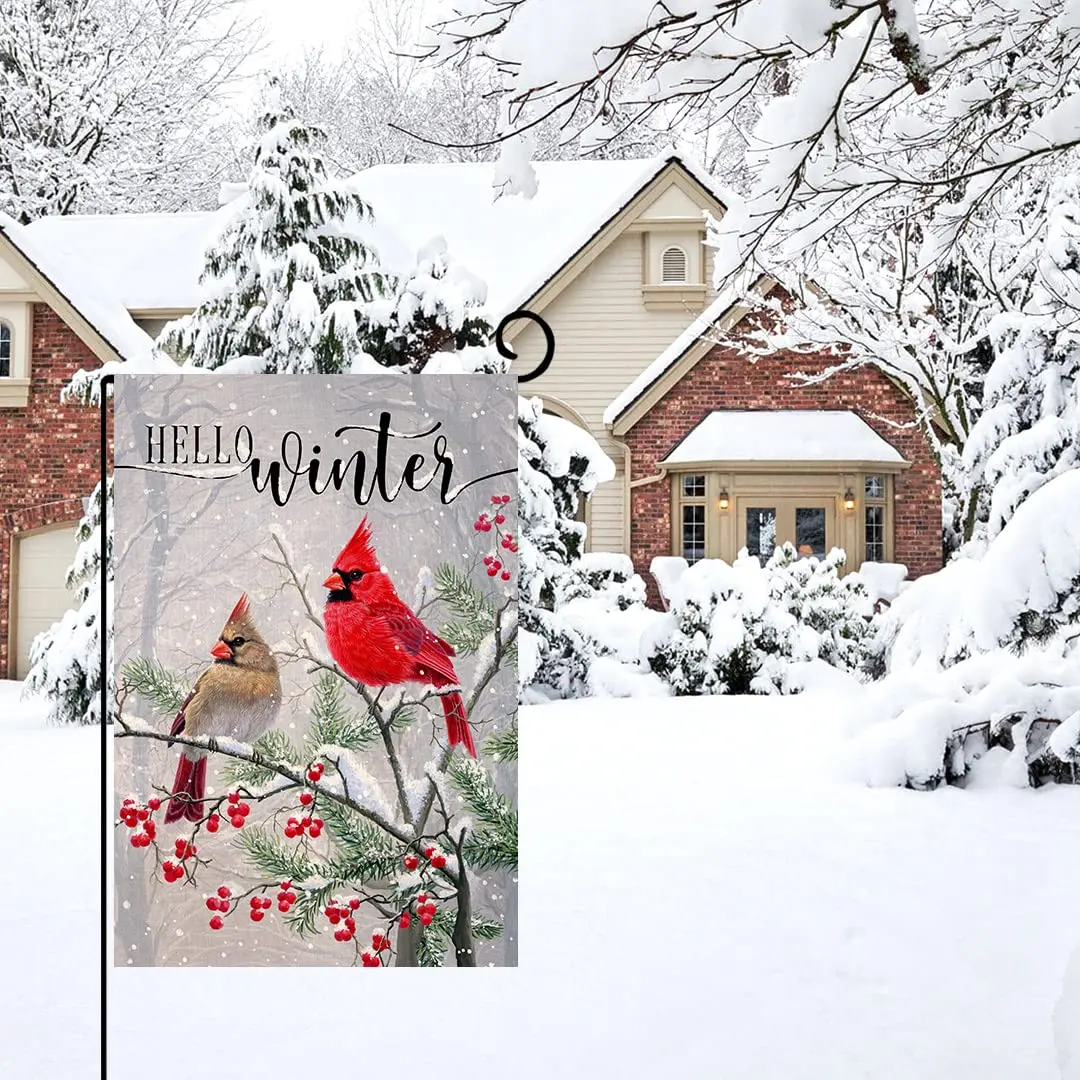 Winter Cardinal Bird Garden Flag, Vertical Double Sided, Farmhouse, Trees, Snow, Christmas, Outside Decor, Burlap, Yard, 12x18