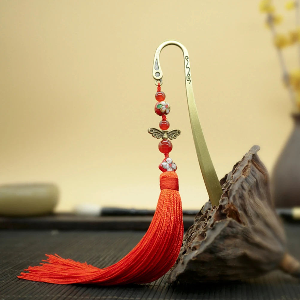 

1pc Creative Bookmarks Rayon Chinese Elements Flat Tassel Vintage Student Gifts Copper Carving Bookmark Suitable Library Reading