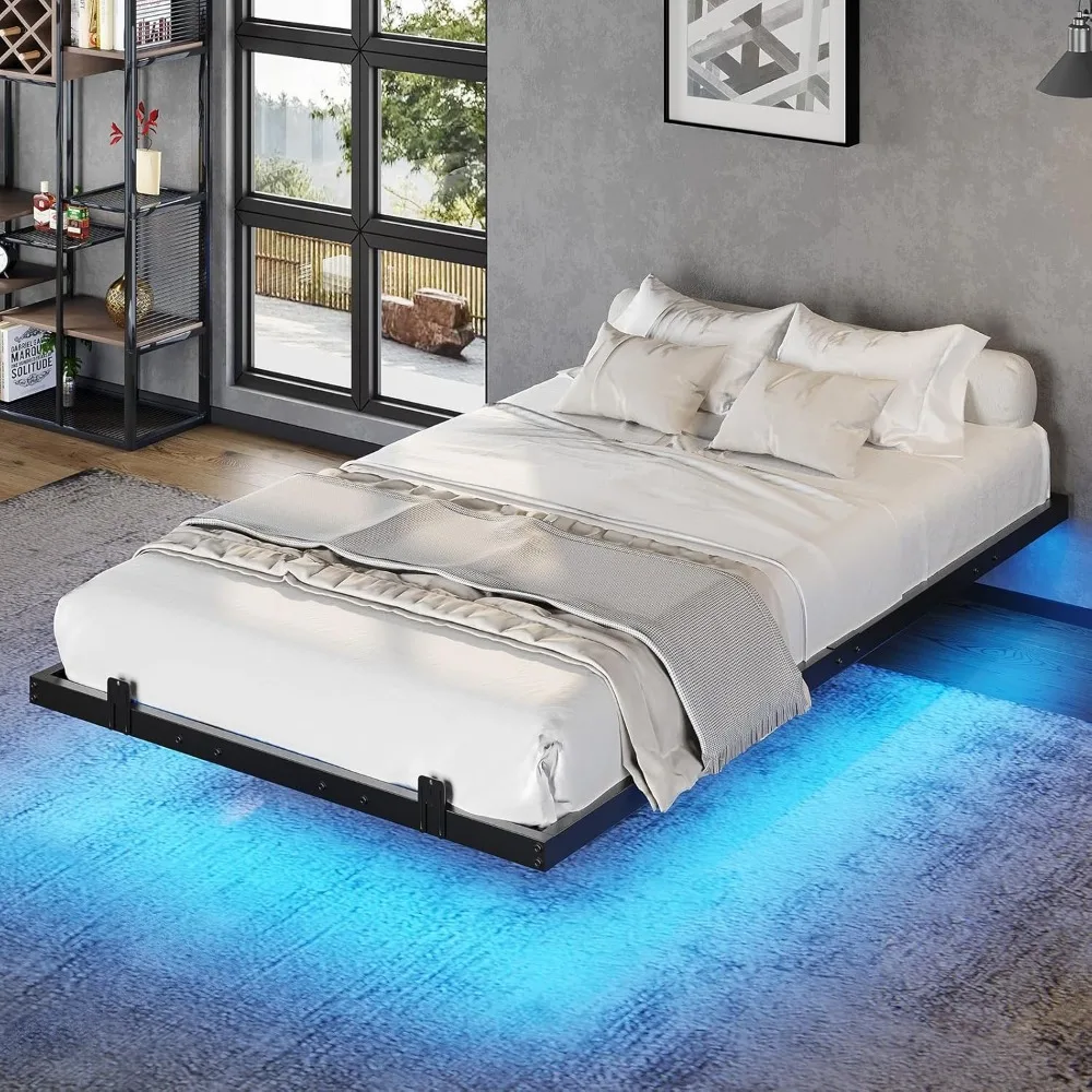 

Bed Frame with LED Lights, Metal Platform with Heavy Duty Steel Slats and 4 Mattress Slide Stopper