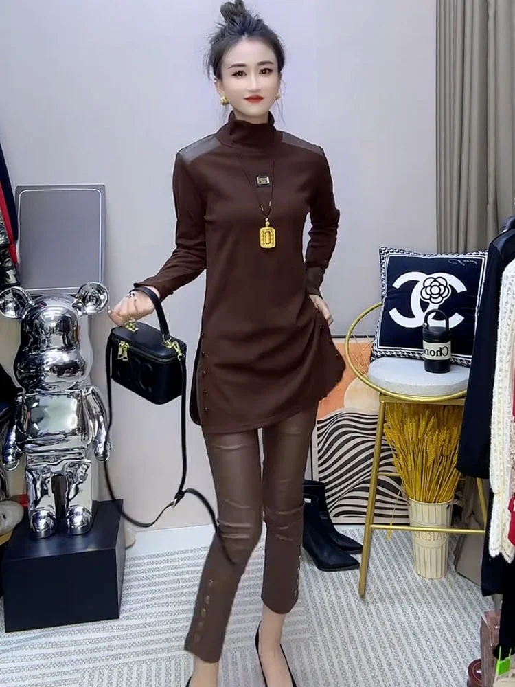 Slim Fit Midi High Collar Women's Base irt Faionable Ele Versatile Autumn Winter New Arrival Button Detail Long Sv...