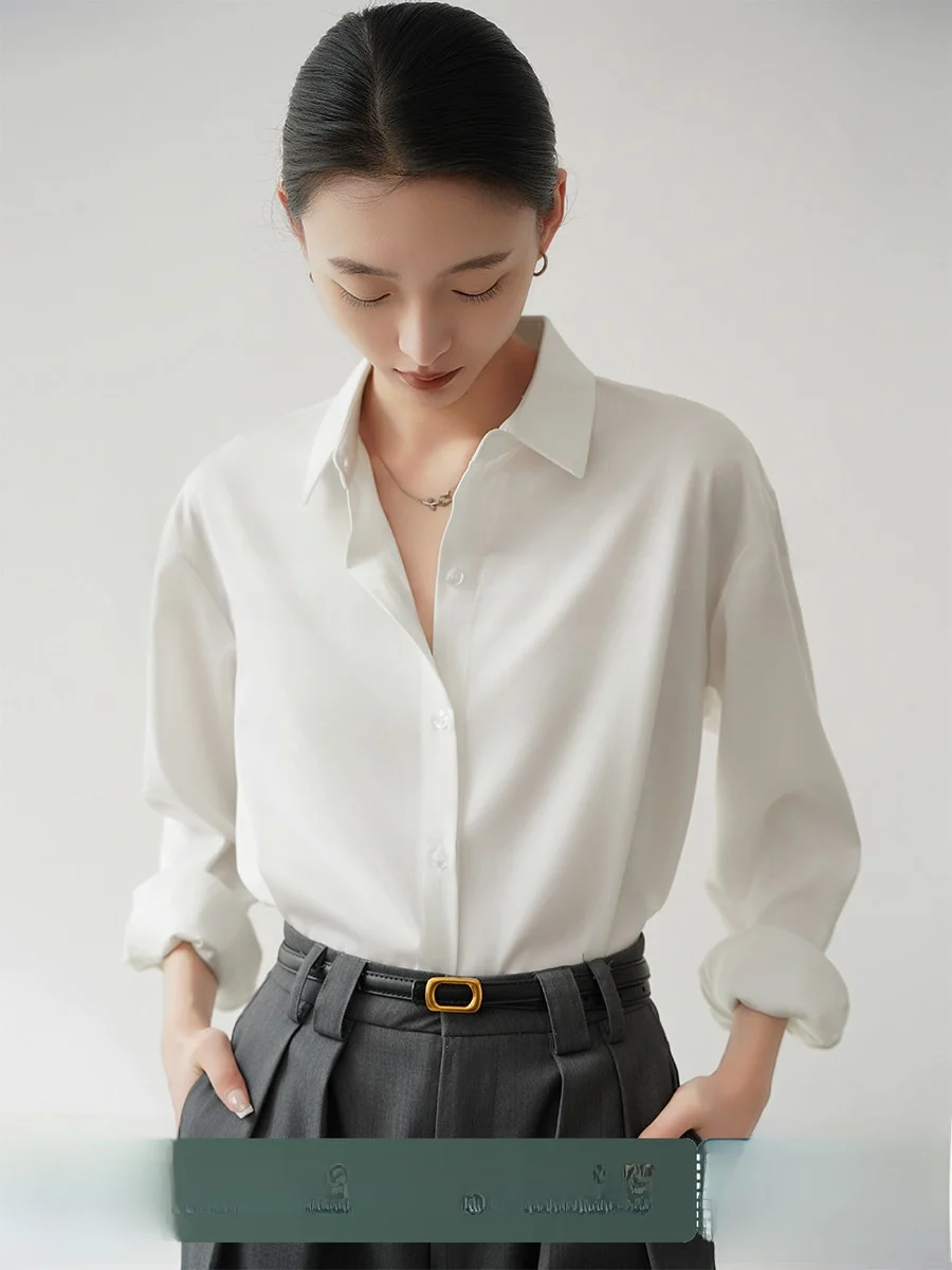 

Achu White Satin Women's irt High Quali Loose Top Commute Sle Simple Design Profional Aosphere OL Faion