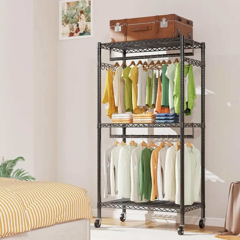 G1M Heavy Duty Clothes Rack,  Rolling Garment Rack for Hanging Clothes, Adjustable Wire Clothing Rack with Storage Shelves