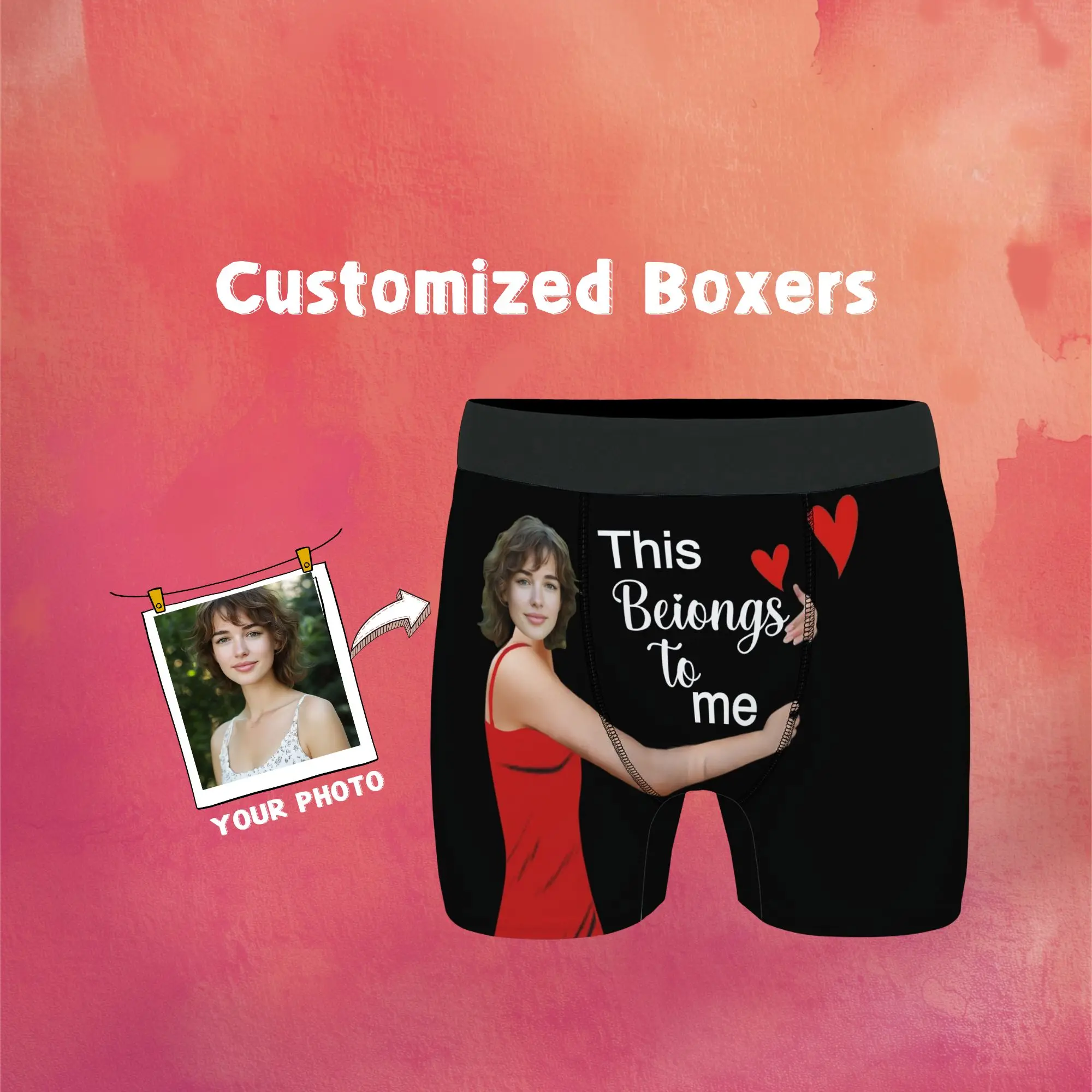 

Sexy Present Customized Face Men's Boxer Briefs Red Dress "belong Me" Text Print Sweet Romantic Anniversary Gift for Husband