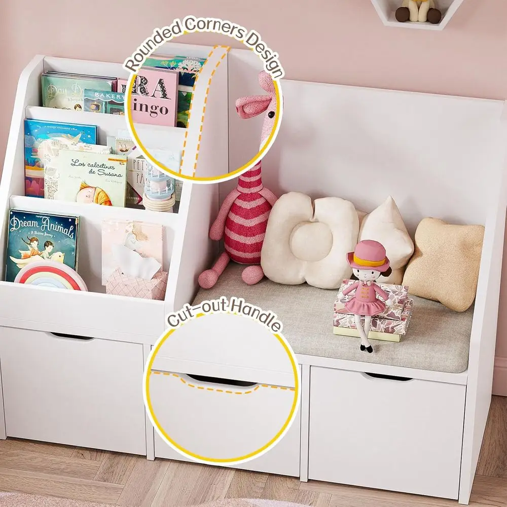 Organizer Mainan dengan Rak Buku, Bangku Baca Berbantalan, 3 Laci, Roda Tersembunyi, Putih