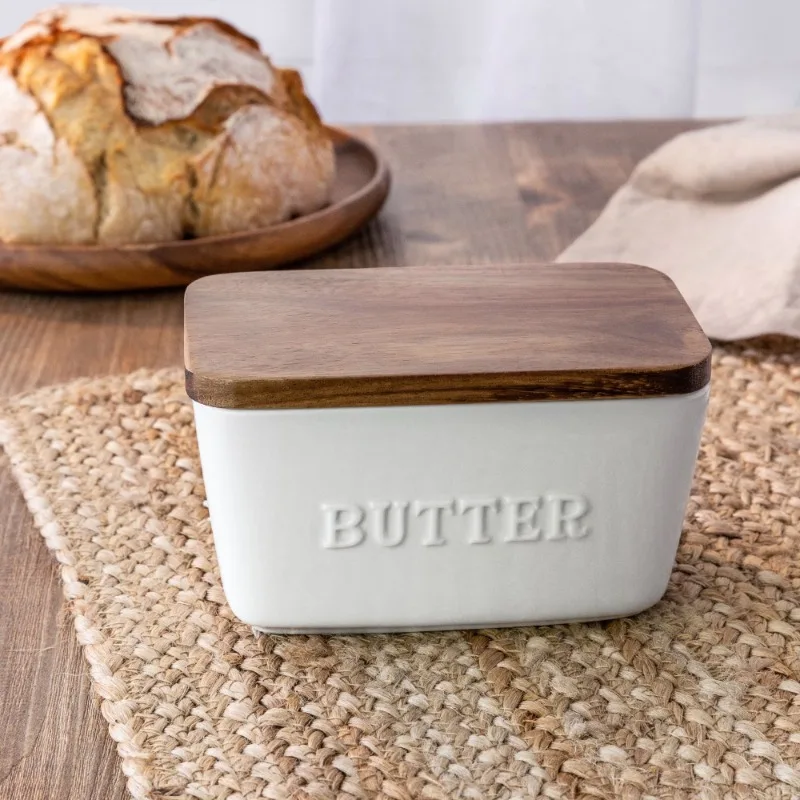 White and Acacia Wood Porcelain Embossed Butter Dish,Microwave safe,Hand wash and dry acacia lid