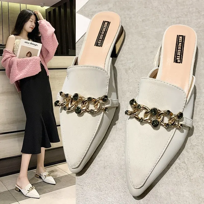 Slippers Women New Chain Mules Women Slides Square Toe Ladies Striped Shoes Summer Fashion Footwear Square Heel Women Shoes