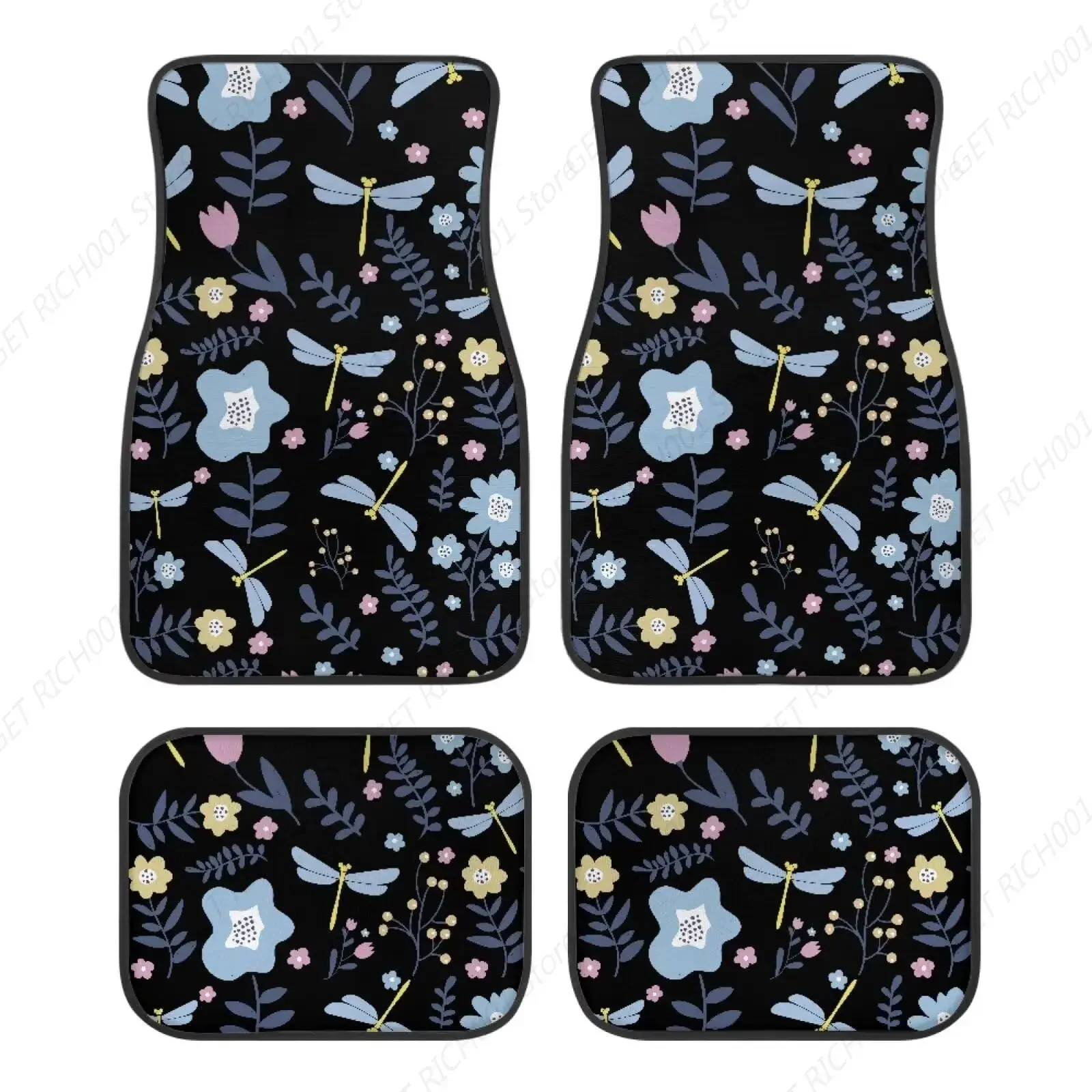 Alfombrillas Coche Negras Con Flor Libélula Azul, Alfombrillas Lanteras Y Traseras Para Coche, Juego 4 Uds., Ajuste Universal