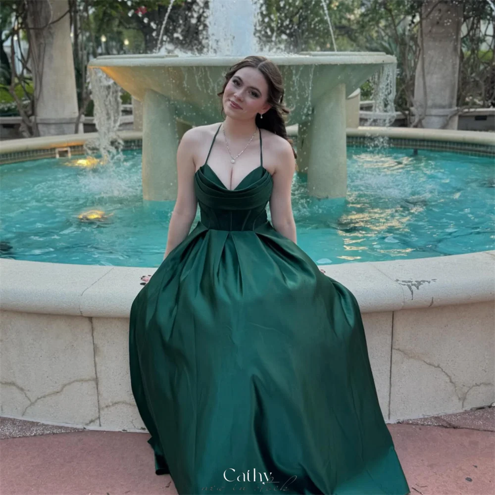 

Cathy Green Halter Pleated Sweetheart Prom Dress Simple Sleeveless vestidos de noiva Customized A-line Floor-length Formal 2025