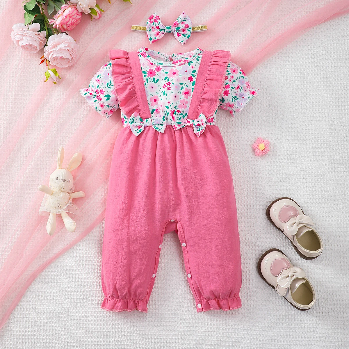 Newborn Baby girl Jumpsuit, Small Floral Volor Blocked Jumpsuit+Bow 0-18 Months, Comfortable Crawling Clothes for Female Babies