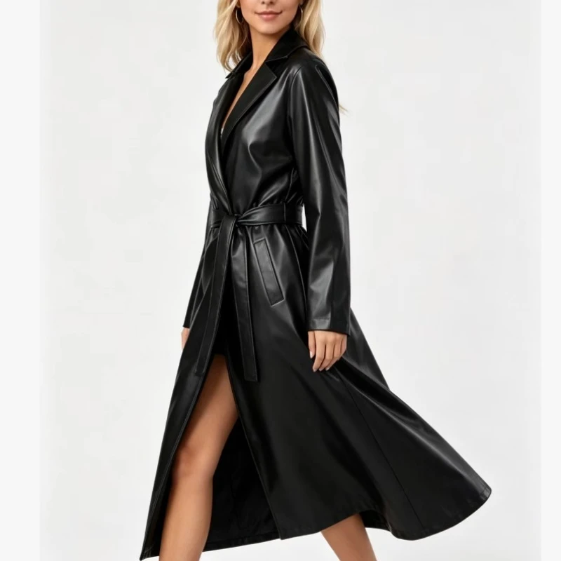 Women Mid Length Coats Faux Leather Jackets Fashion Turn Down Collar Pu Coat Work Street Wear Tight Waist Jacket Outerwear