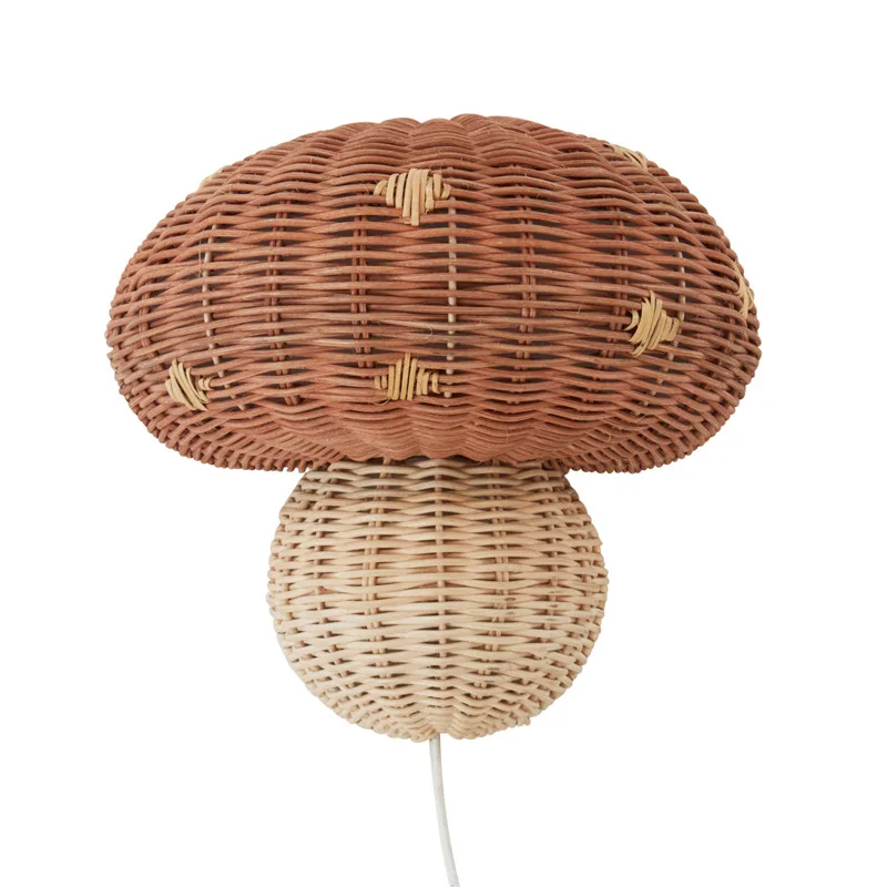 Nordic Style Children\'s Room Bedside Wall Lamp Handmade Rattan Bedroom Study Lights Mushroom Shape Wall Mounted Decor Wall Lamps