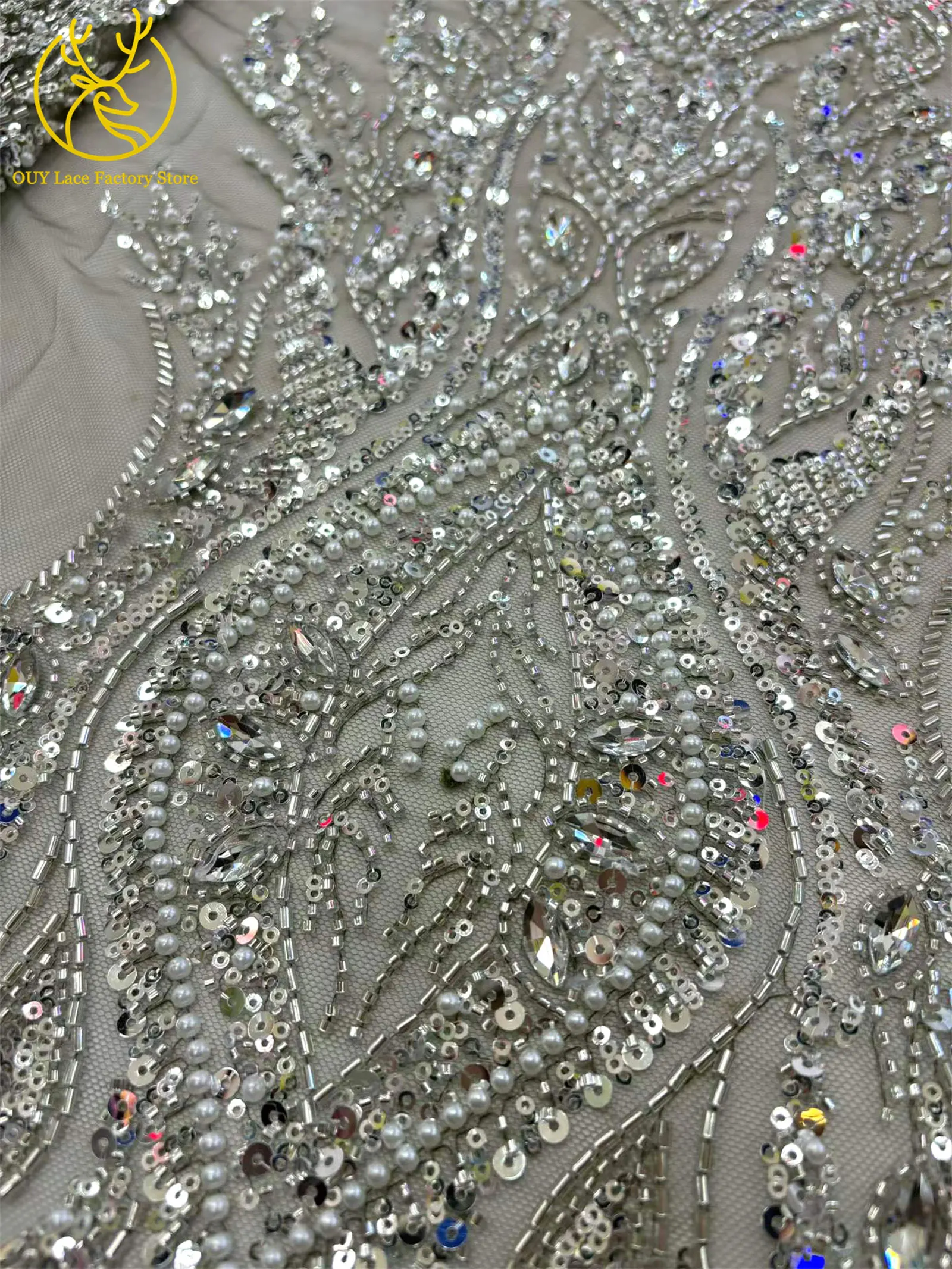 Luxuriöser Brautkleid-Spitzenstoff mit Perlen und Strass 2026 – Deluxe Afrikanische Nigerianische Pailletten-Stein-Mesh-Spitze für Damen-Partykleider zum Nähen – Detail 7