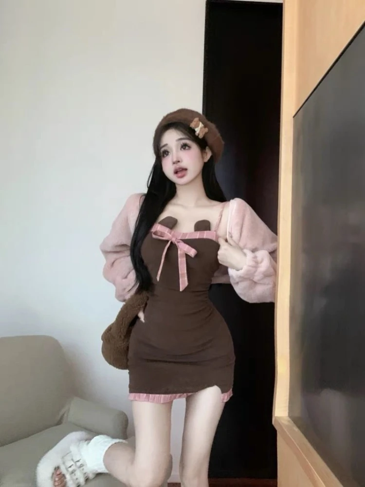 

Лоскутное сексуальное облегающее платье трапециевидной формы с бантом в стиле пэчворк + кардиган с длинными рукавами, пальто для женщин, весна-осень 202, новые комплекты из двух предметов