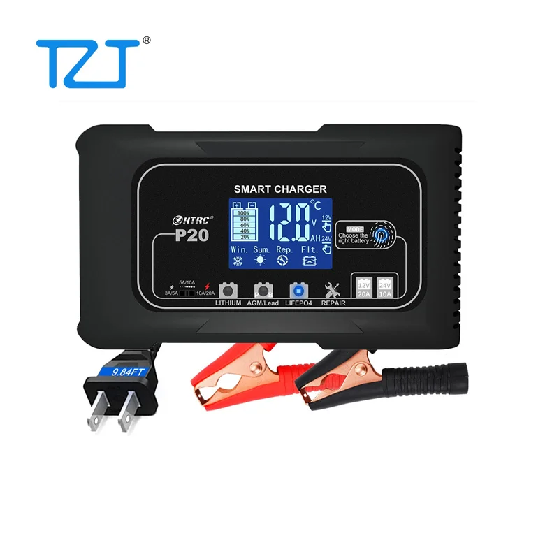 TZT HTRC 20A Storage Battery Charger 12V/24V LiFePO4 Lithium Motorcycle Battery Charger 3 Levels Adjustable Current