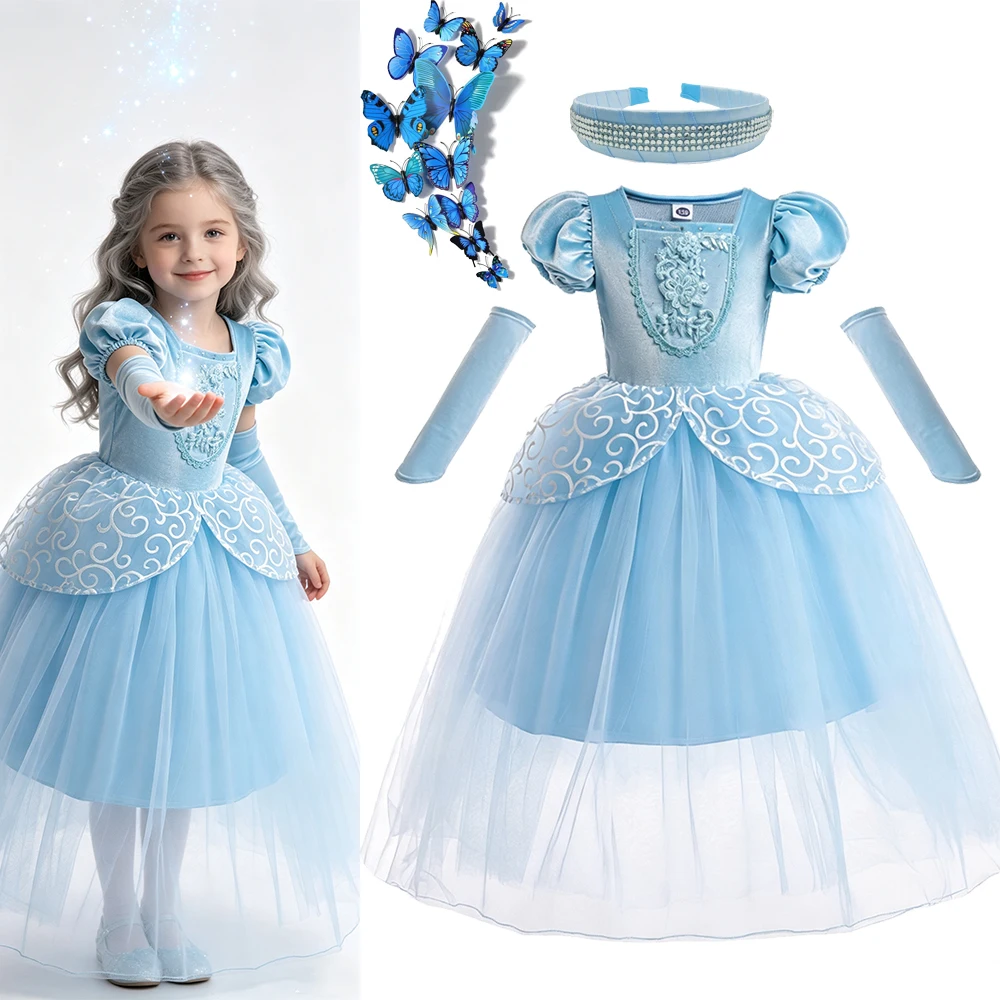 Cinderella Blaues Kurzarm-Kleid Komplettset mit Langen Handschuh-Ärmeln für Mädchen Geburtstag Ball Halloween Cosplay Kostüm – Detail 2
