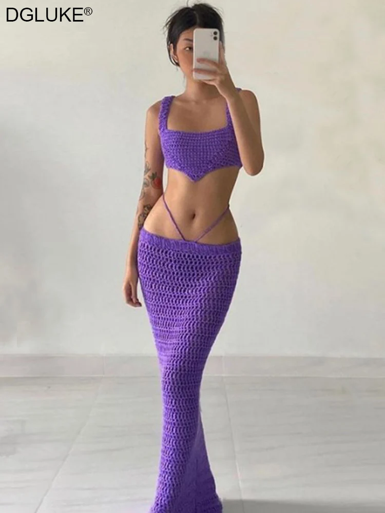 

Purple Knitted 2 Piece Set Summer Outfits For Women Sexy Crochet Vacation Beach Outfits Hollow Out Long Skirt And Cropped Set