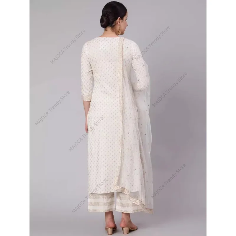Women's Indian Ethnic Print 3-Piece Kurta Set Mid-Length Cotton Suit with Palazzo Dupatta - view 2