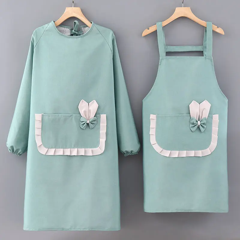 Long Sleeve Cotton Apron Women Fleece Lined Kitchen Overalls Anti Fouling Wear Resistant Home Cooking Work Clothes Daily