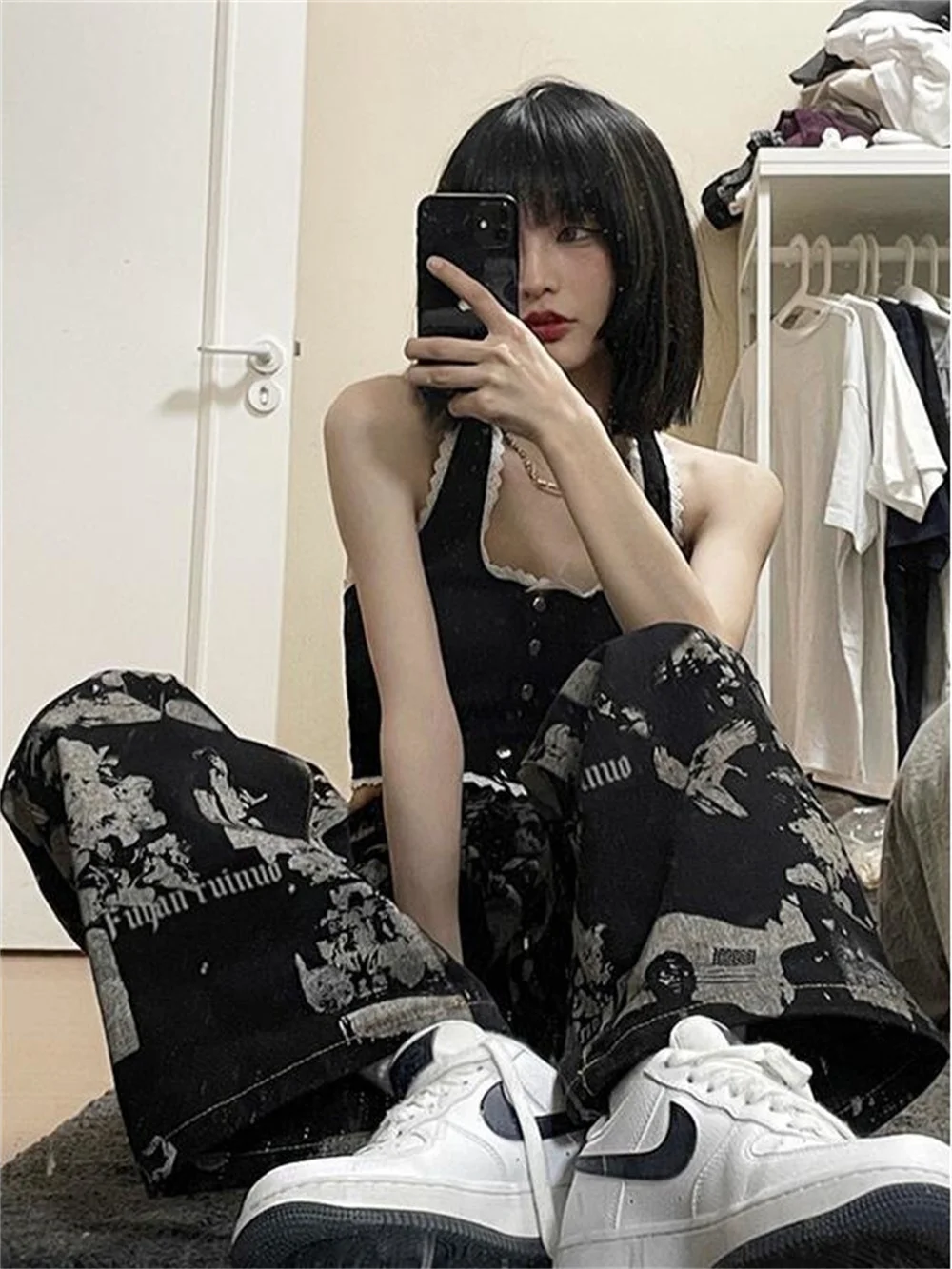 Cyber Ghetto Straight Pants Women's Jeans Print Y2k Grunge Goth Graffiti Trousers Funny Fairy Denim Kpop Wide Harajuku Pants