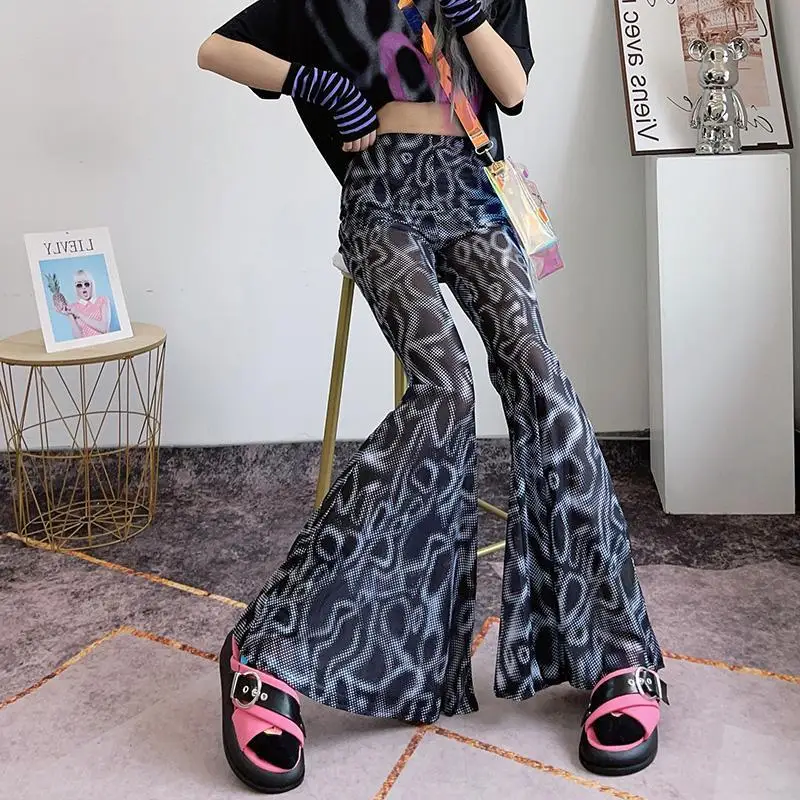 Female Flare Pants 2023 Ne Summer Fashion Perspective Long Mesh Trousers Stretch High Waist Casual Wide Leg Pants Sunscreen