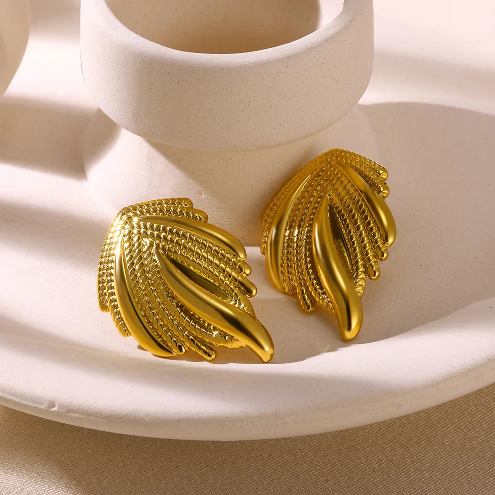 Creative Stainless Steel Weave Feather Earring For Women Irregular Geometry 18 K Gold Color Earrings Jewelry Party Wedding Gifts