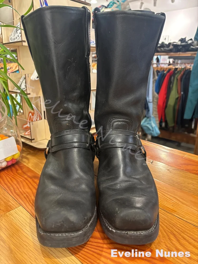 Vintage Distressed Black Leather Biker Boots Men Square Toe O Ring Metal Buckle Strap Mid Calf Low Heel Motorcycle Riding Boots