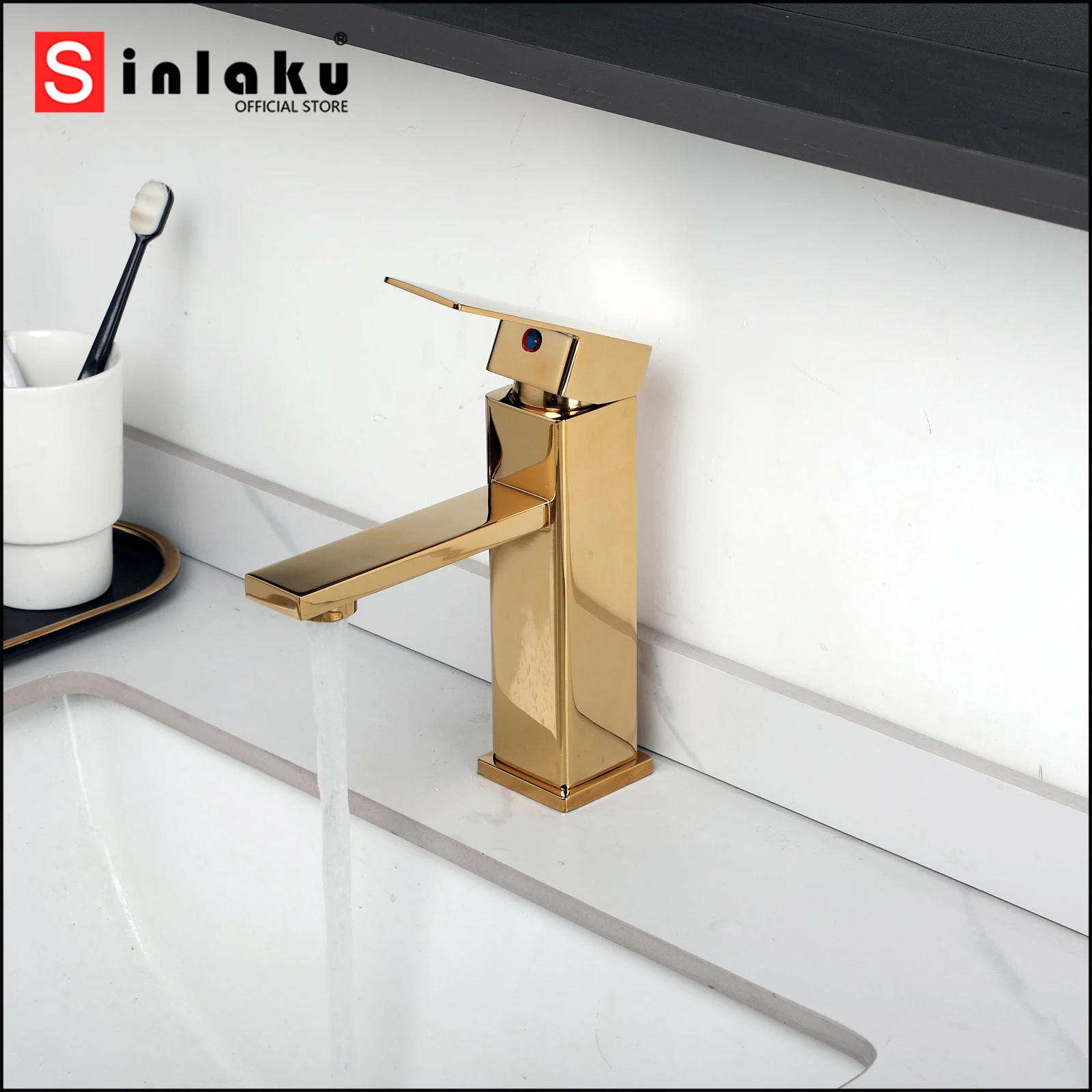 

SINLAKU Bathroom Basin Sink Faucet Golden Finished With Single Handle Control Deck Mounted Hot And Cold Water Mixer Faucets Taps