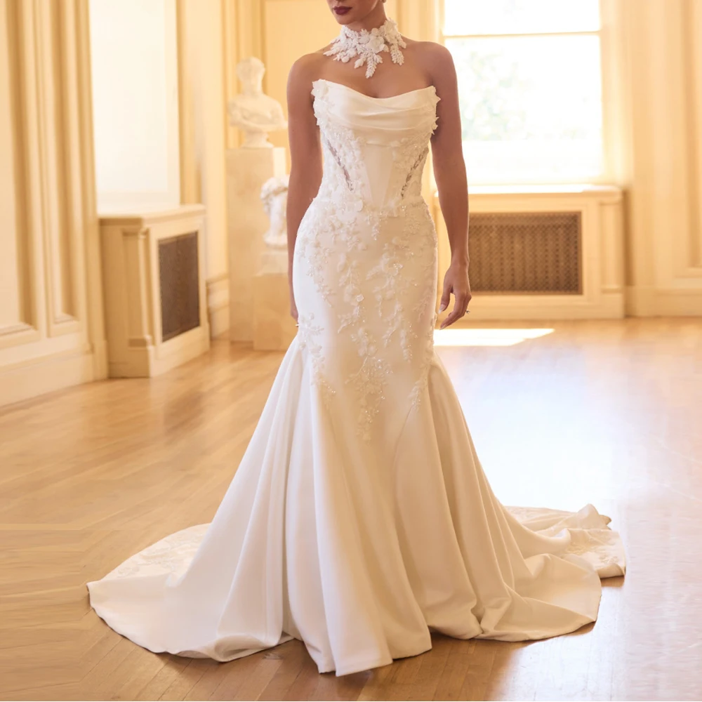 Customized Side Illusion Cut Outs Wedding Dress Strapless Mermaid Bride Dresses Covered Buttons Trailing vestidos de novia