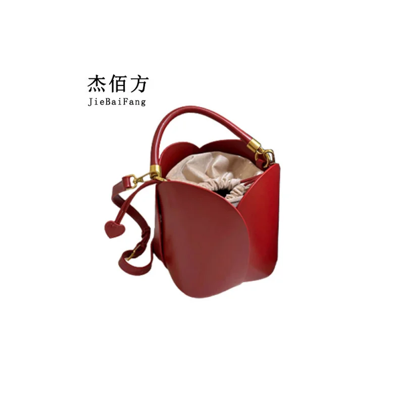 This Year's Trendy Red Bridal Petal Handheld Bucket Bag Women2024New Style Vegetable Basket Crossbody Bag Wedding Bag