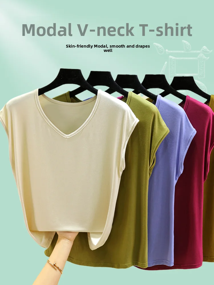 V-Neck Modal T-Shirt Loose Summer Slimming Seamless Base Shirt Versatile plus Size Casual Sleeveless Thin Top for Women