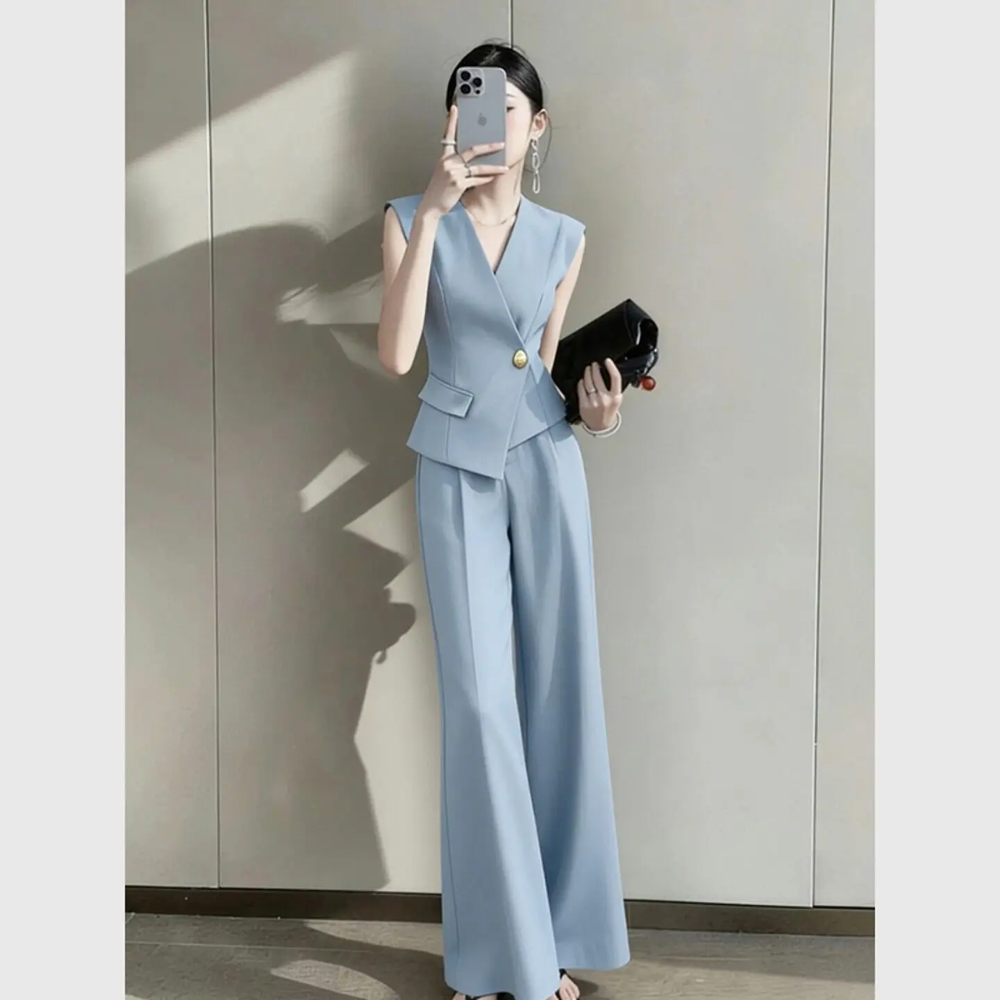 New High End Elegant Office Lady Women's Suit Small Fragrance Fashion V-neck Sleeveless Vest Blazer + Wide Leg Pants 2 Piece Set
