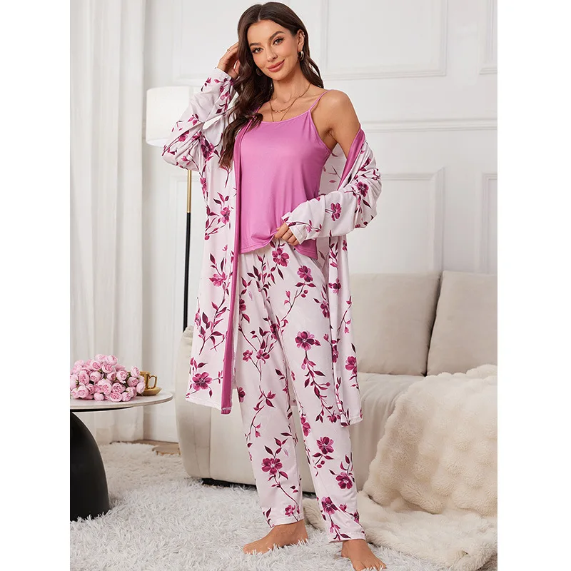 Autumn Winter Print Home Wear Suit V Neck Pajamas For Women's Long Sleeve Trousers Suspenders 3PCS Sets Sleepwear Nightwear