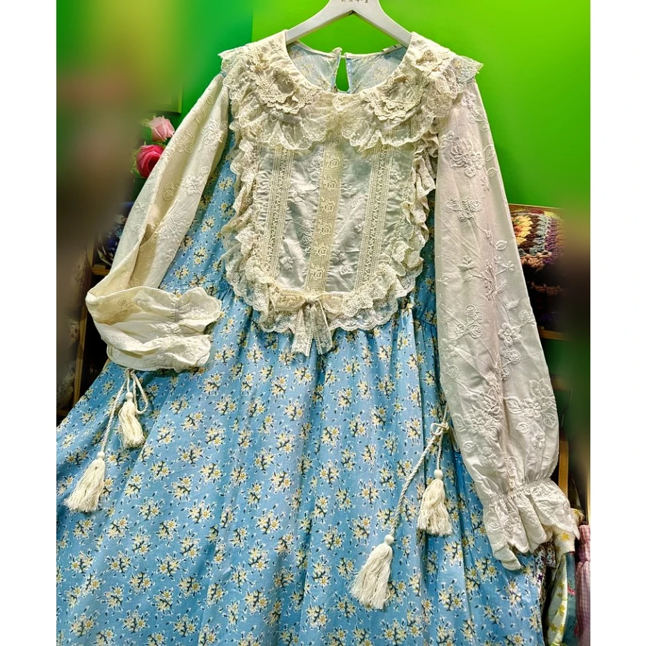 

Vintage Shabby Chic Cotton Patchwork Rococo Victorian Lace Midi Dress Women Mori Girl Goblincore Cottagecore Autumn Long Dress