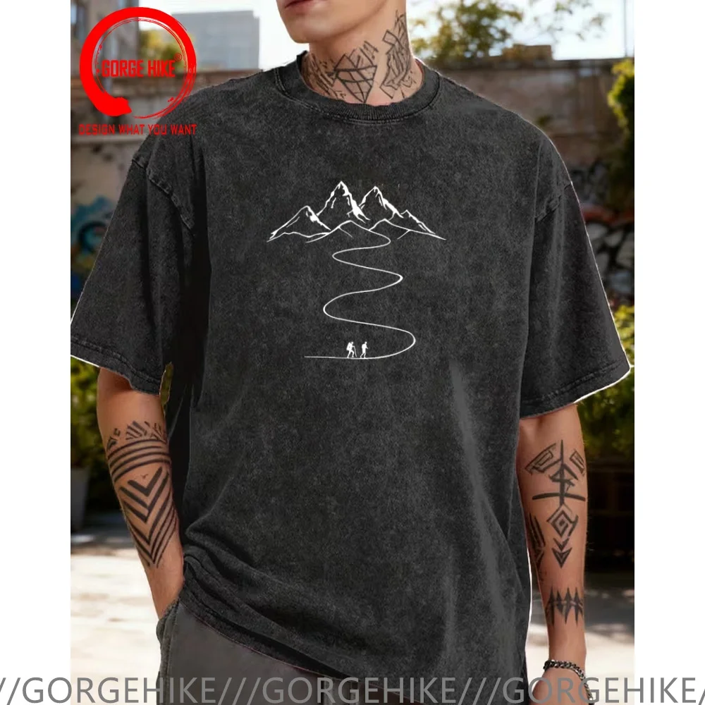 Vintage Washed Cotton T-Shirt Funny Designer Mountains Path Hiking Trail Curves T Shirt Men Fashion Trendy Casual Clothing Styli