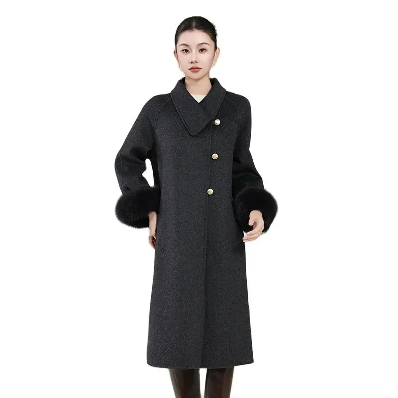 High-End Fur Sleeve Women\'s Coat Autumn and Winter New Double-Sided Woolen 100% Pure Wool Coat Fashion Elegant Women\'s Clothing