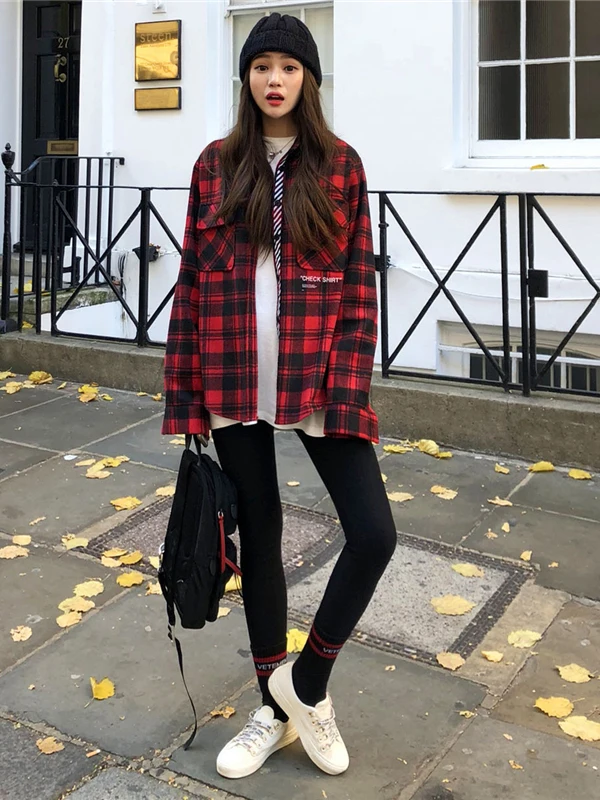 

Утепленная женская рубашка в клетку с длинным рукавом, модная осенняя модель в корейском стиле, для повседневной носки, с пуговицами, из полиэстера и хлопка.