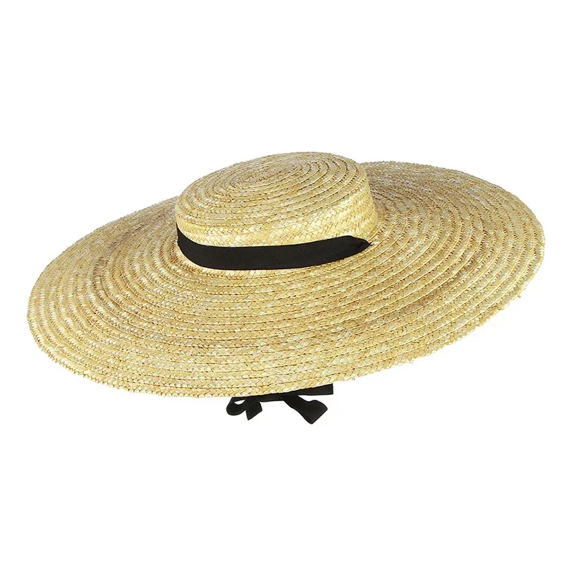 Ladies Summer Fashion Elegant Flat Top Wide Brim Straw Hat with Black Ribbon Tie Sun Hat Beach Cap 12/15/18cm