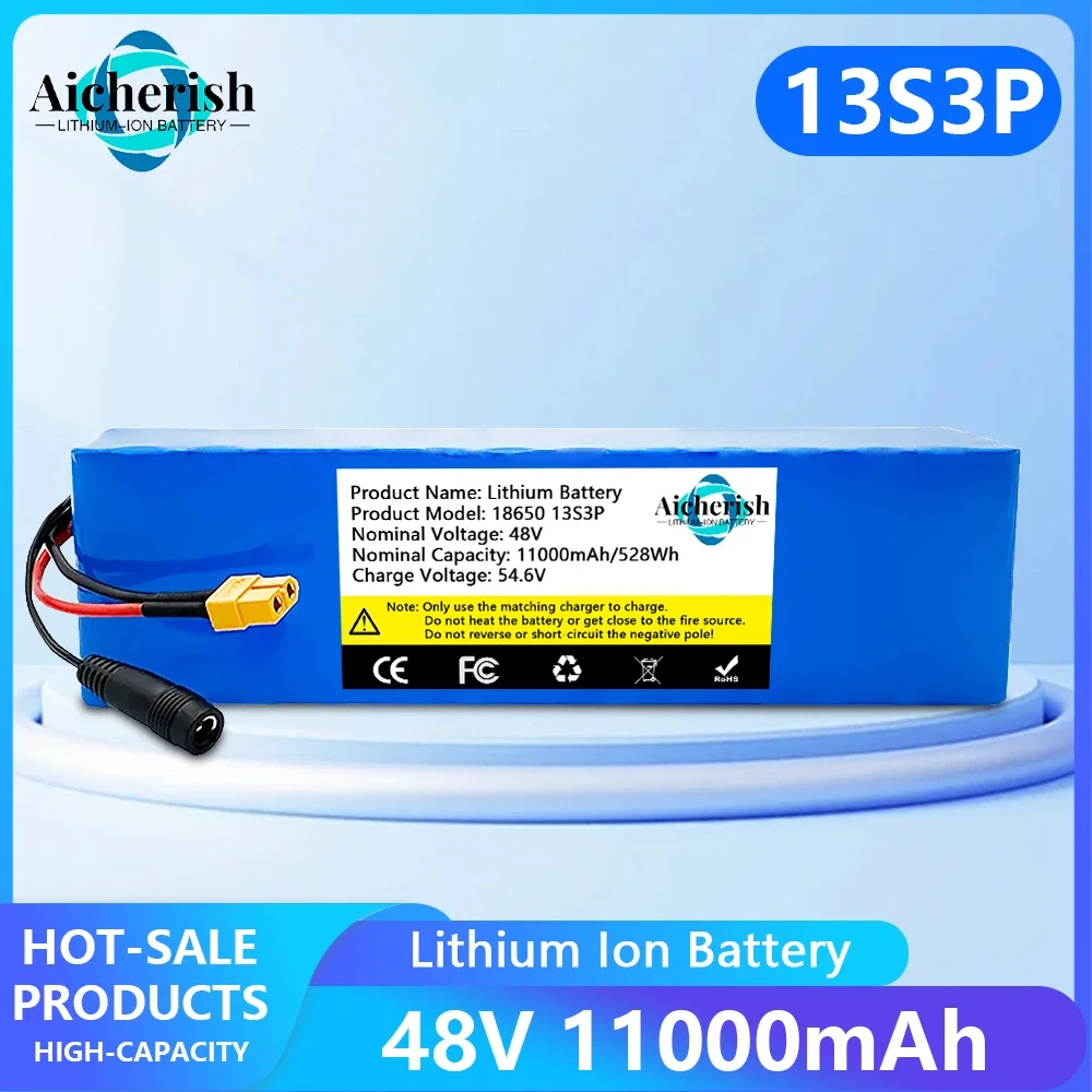 

13S3P 18650 48V 11Ah Rechargeable Lithium-Ion Battery Pack, Suitable For 54.6V Electric Bicycle, Scooter Built-In BMS+Charger