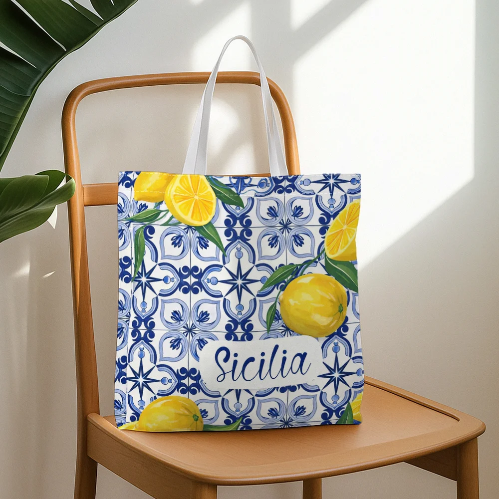 Mediterranean Tile Pattern Tote Bag Lemon Sicilia Reusable Shopping Bag for Women S Style Daily Use Unique Handbag