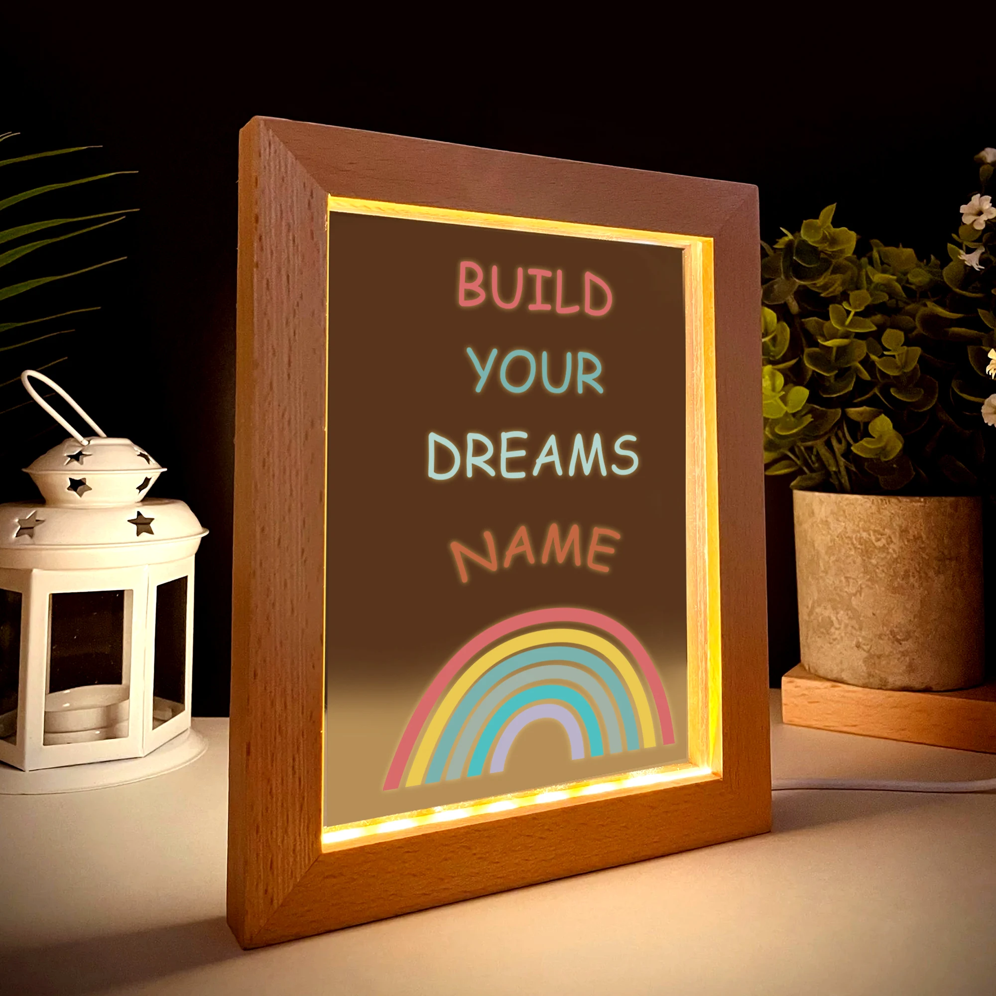 2d plana nome personalizado arco-íris led acrílico luz noturna moldura de madeira 21x17cm dos desenhos animados presentes do quarto das crianças decoração de casa